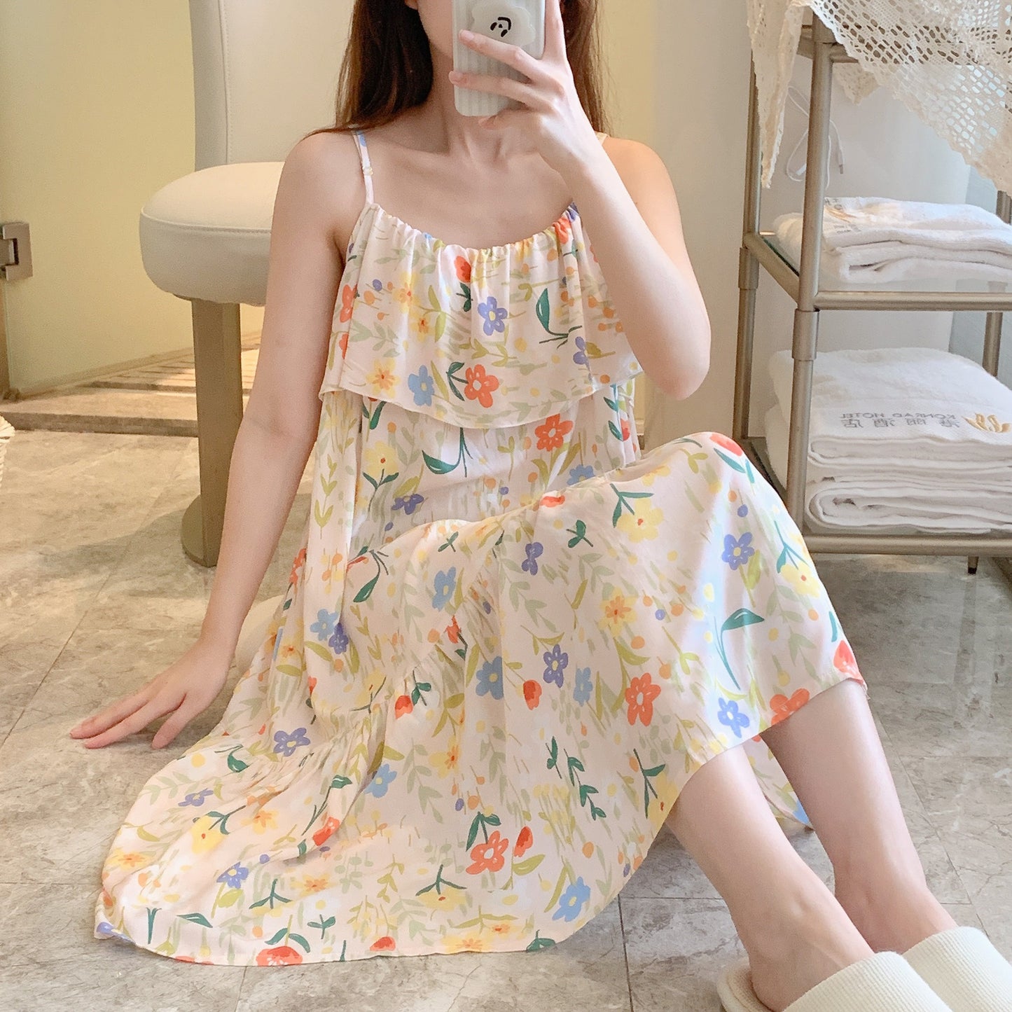 Printed Cotton Rayon Nightdress Loose Fit Loungewear for Summer Wearable Outdoors