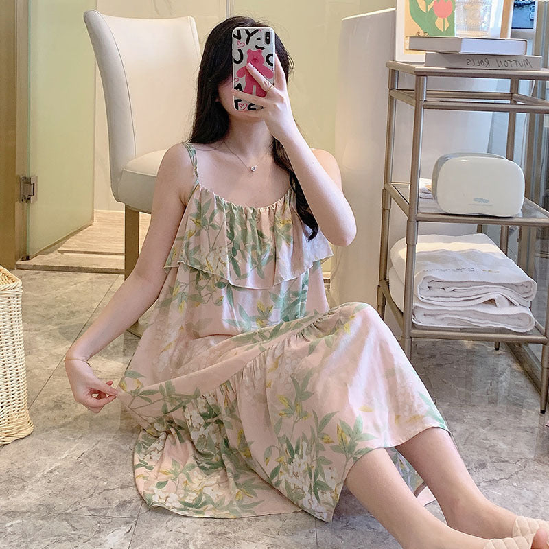Printed Cotton Rayon Nightdress Loose Fit Loungewear for Summer Wearable Outdoors