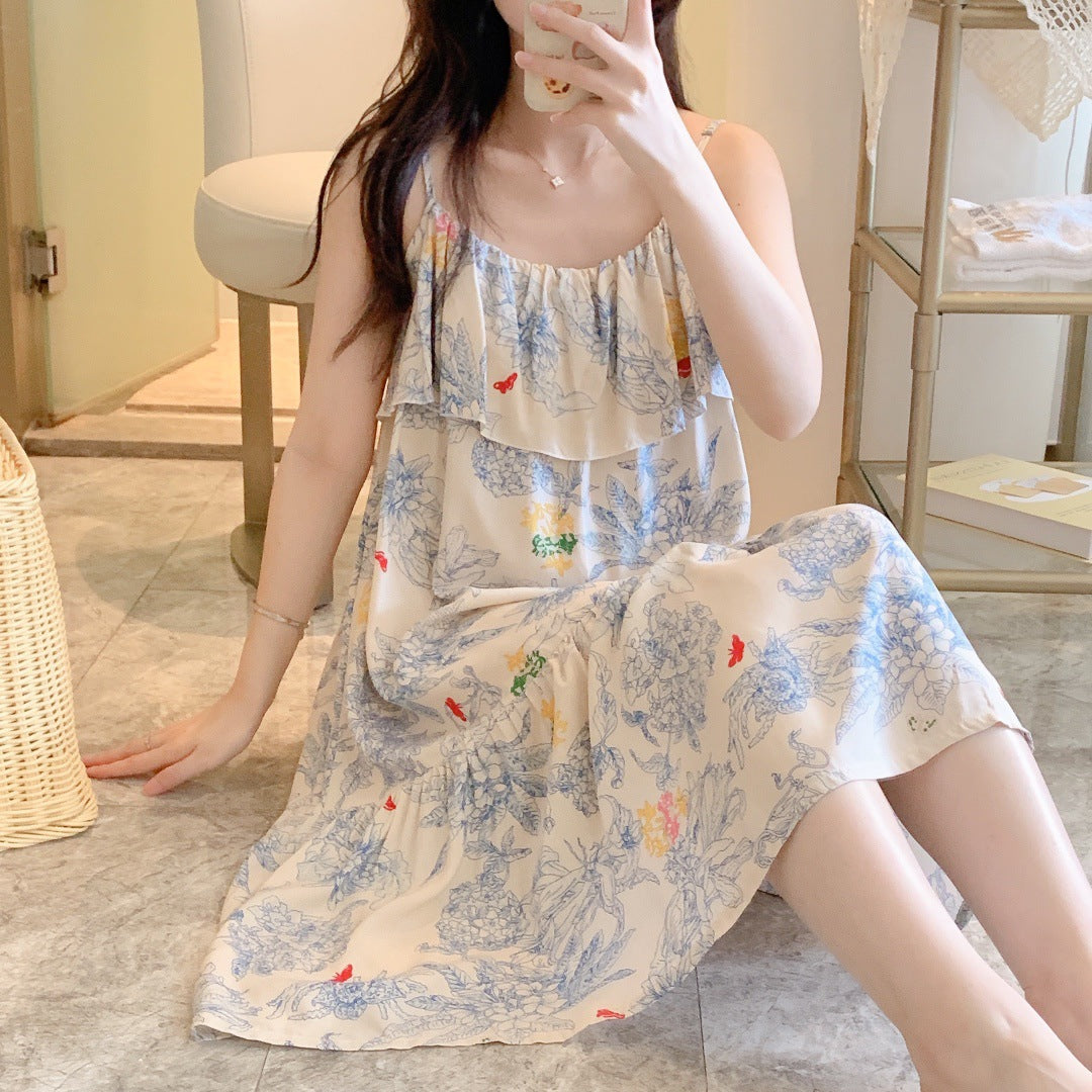 Printed Cotton Rayon Nightdress Loose Fit Loungewear for Summer Wearable Outdoors