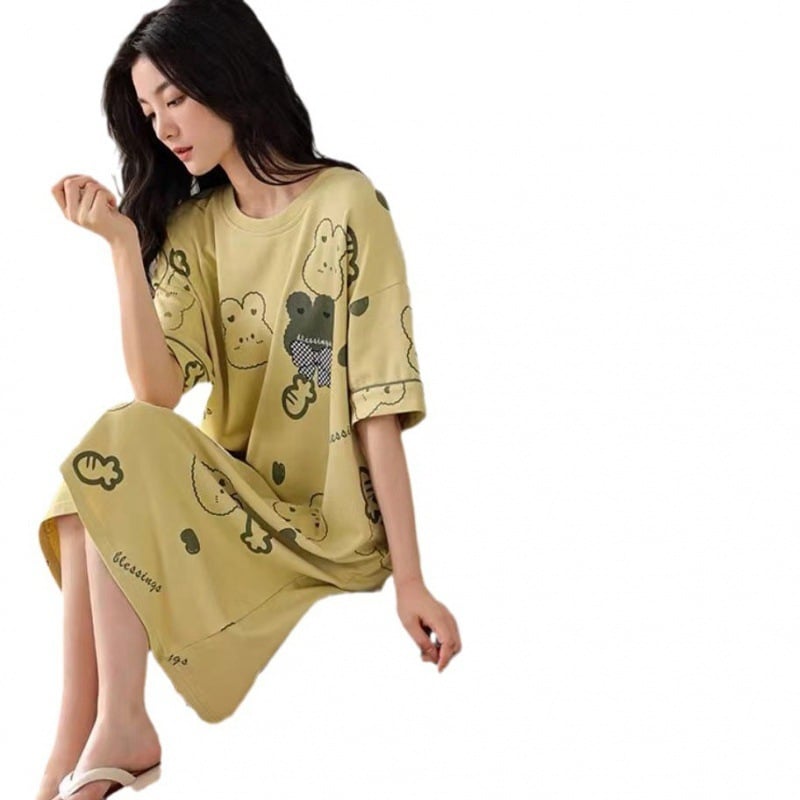 Nightgown with Chest Pad Women's Summer Short-sleeved Loose Nightgown Anti-bump Summer Outwear dress