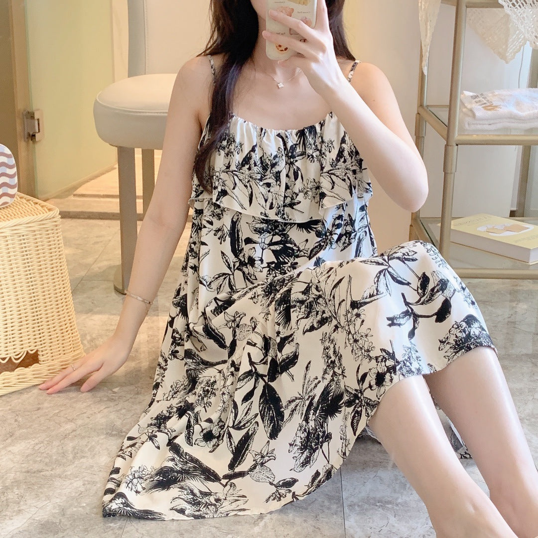 Printed Cotton Rayon Nightdress Loose Fit Loungewear for Summer Wearable Outdoors