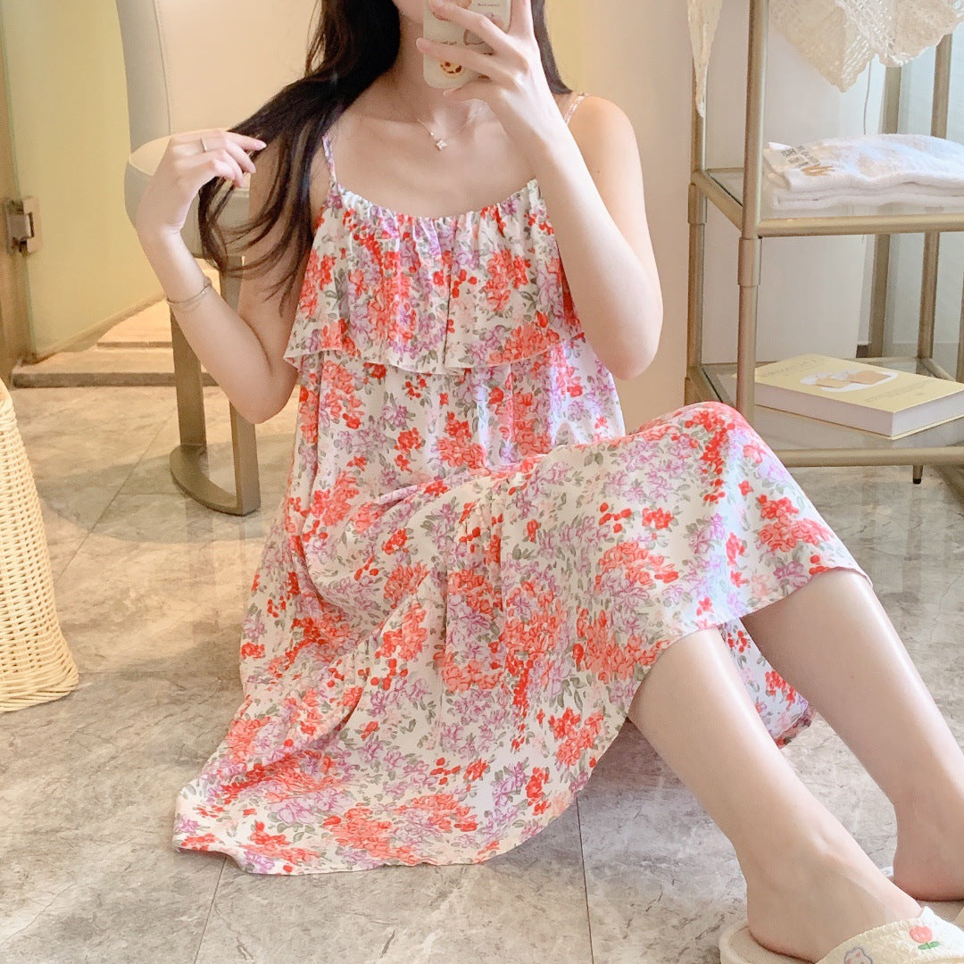 Printed Cotton Rayon Nightdress Loose Fit Loungewear for Summer Wearable Outdoors