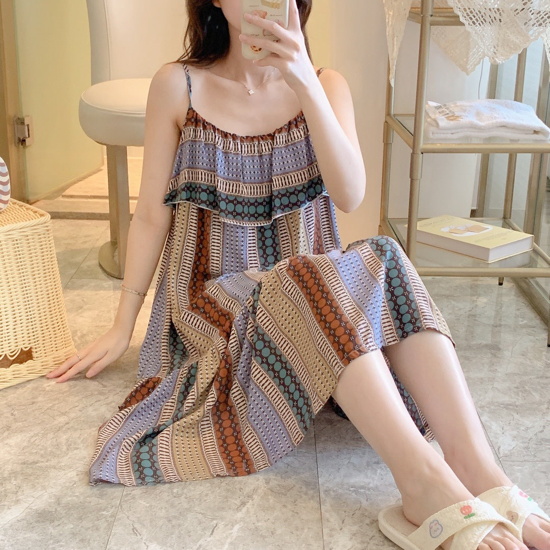 Printed Cotton Rayon Nightdress Loose Fit Loungewear for Summer Wearable Outdoors