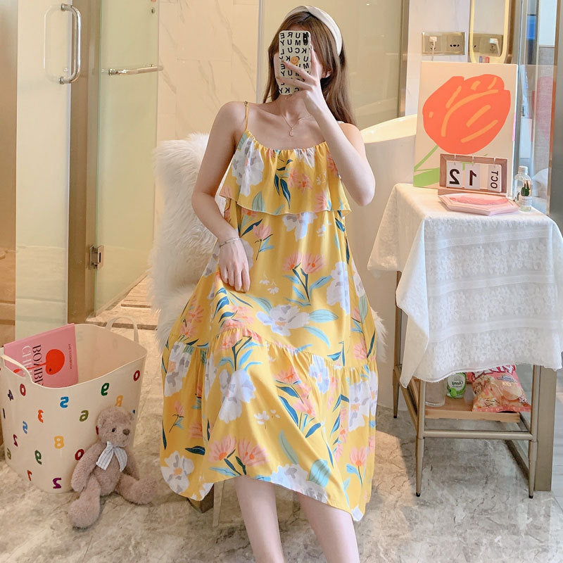 Printed Cotton Rayon Nightdress Loose Fit Loungewear for Summer Wearable Outdoors
