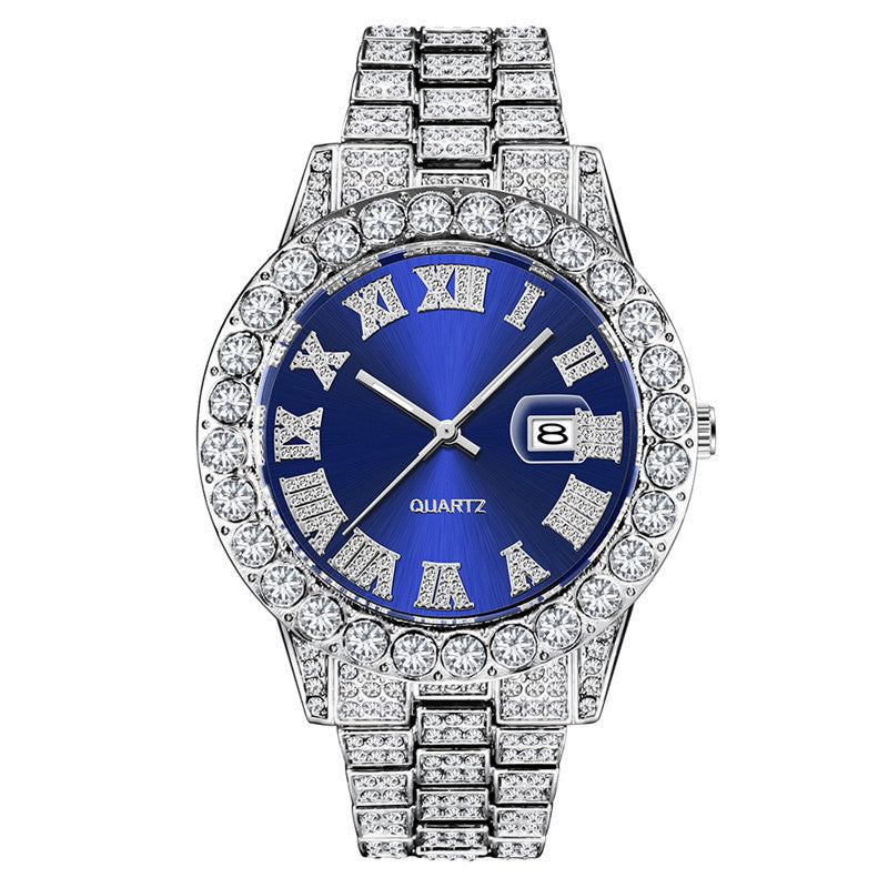 Hip hop Mens Full Diamond Stainless Steel Date Quartz Watch