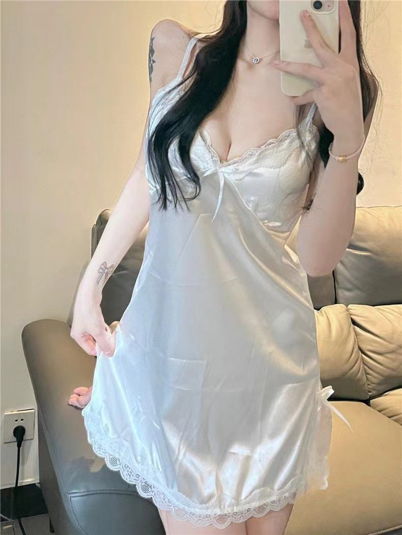 Halter lace nightgown, nude pajama for women, spring and autumn style with chest pads