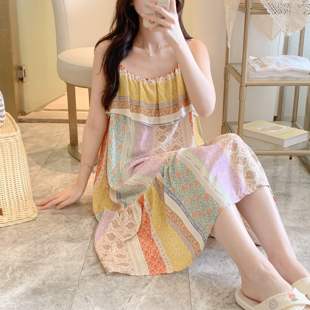 Printed Cotton Rayon Nightdress Loose Fit Loungewear for Summer Wearable Outdoors