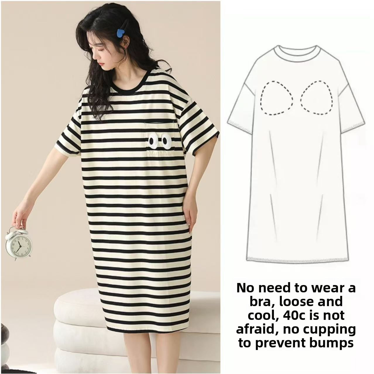 Nightgown with Chest Pad Women's Summer Short-sleeved Loose Nightgown Anti-bump Summer Outwear dress