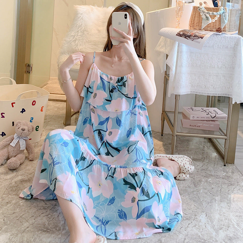 Printed Cotton Rayon Nightdress Loose Fit Loungewear for Summer Wearable Outdoors