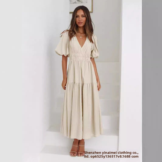Deep V puffed sleeve vacation dress
