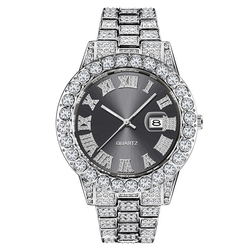 Hip hop Mens Full Diamond Stainless Steel Date Quartz Watch