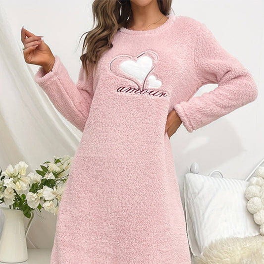 Foreign trade autumn and winter pink love flannel long sleeve padded nightgown pullover long cute European and American style home clothes